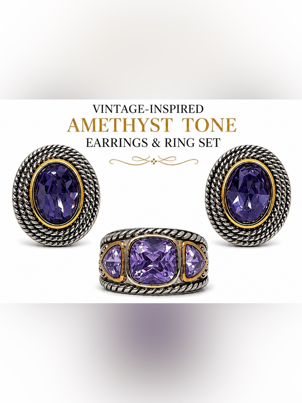 Vintage-Inspired, Amethyst Like Faceted Crystals, Ring and Earring Set, NWOT